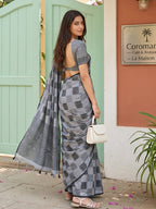 Anaita Grey Linen Cotton Woven Saree With Blouse | Grocsy
