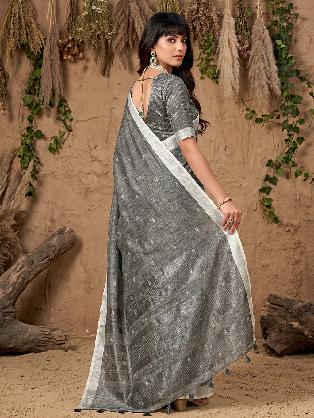 Anaita Grey Linen Cotton Zari Work Saree With Blouse | Grocsy