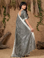 Anaita Grey Linen Cotton Zari Work Saree With Blouse | Grocsy