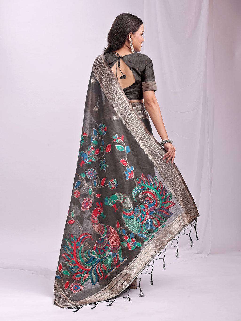 Anaita Grey Linen Cotton Woven Saree With Blouse | Grocsy