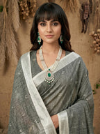Anaita Grey Linen Cotton Zari Work Saree With Blouse | Grocsy