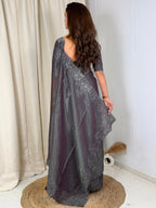 Evanik Grey Glass Satin Jecquard Weaving With Thread Sequence Work Saree With Blouse | Grocsy