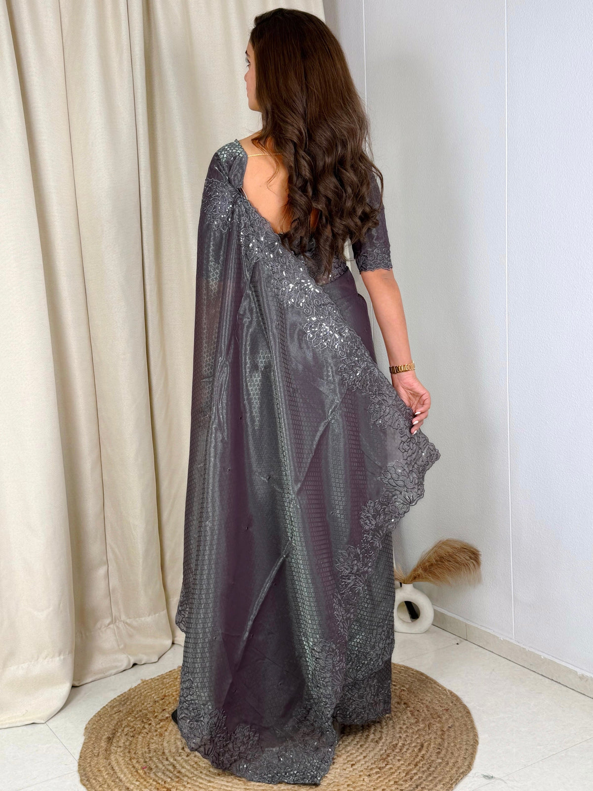 Evanik Grey Glass Satin Jecquard Weaving With Thread Sequence Work Saree With Blouse | Grocsy