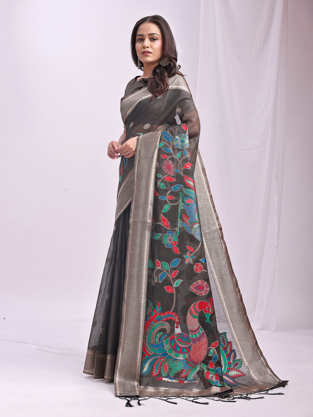 Anaita Grey Linen Cotton Woven Saree With Blouse | Grocsy