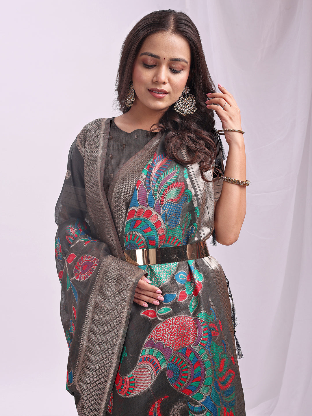 Anaita Grey Linen Cotton Woven Saree With Blouse | Grocsy