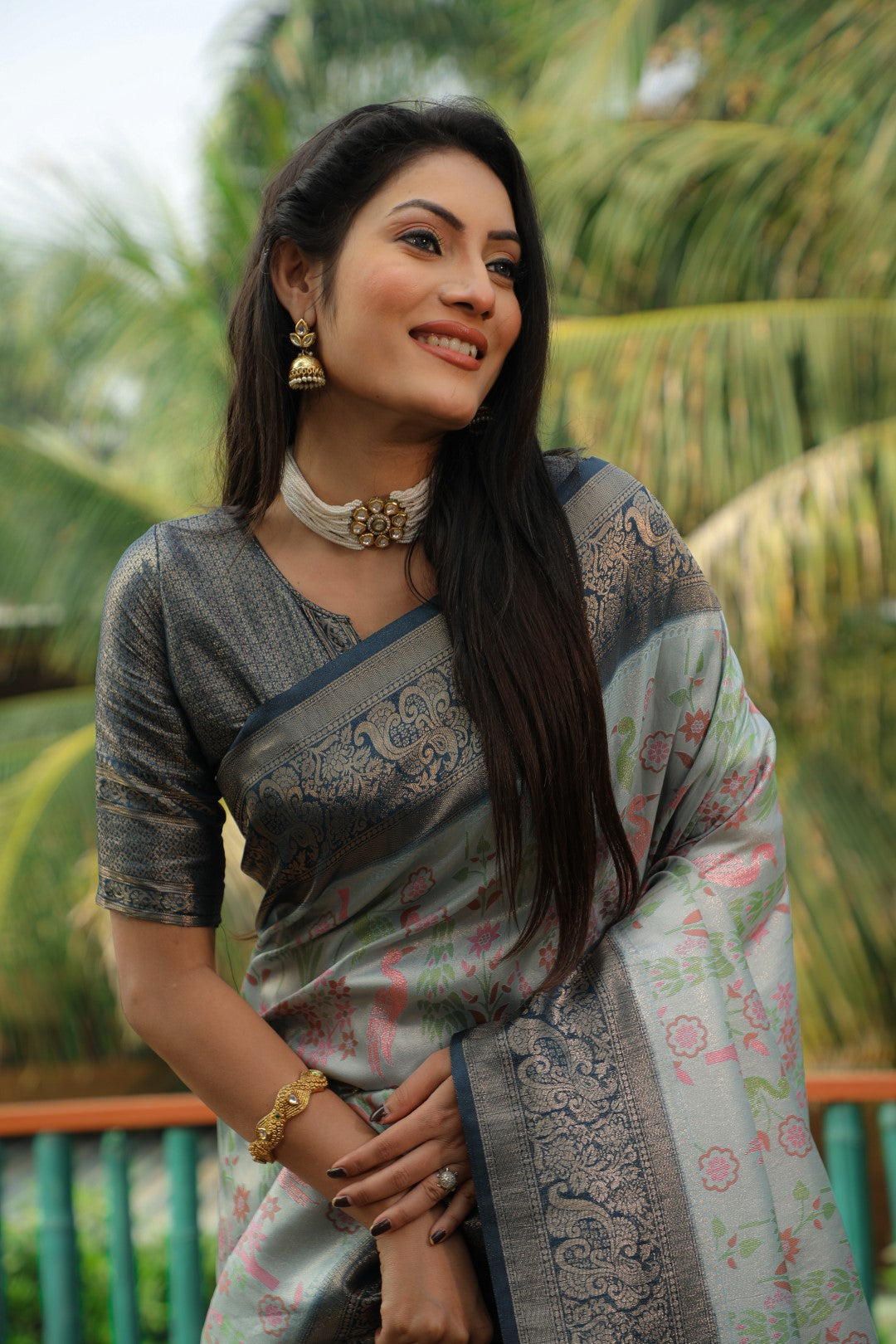 Anaita Grey Woven Design Pure Kanjivaram Soft Satin Silk Saree With Blouse | Grocsy