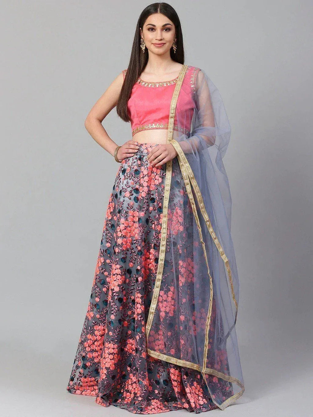 Tulsi Art Grey Semi-Stitched Myntra Lehenga & Unstitched Blouse With Dupatta | Grocsy
