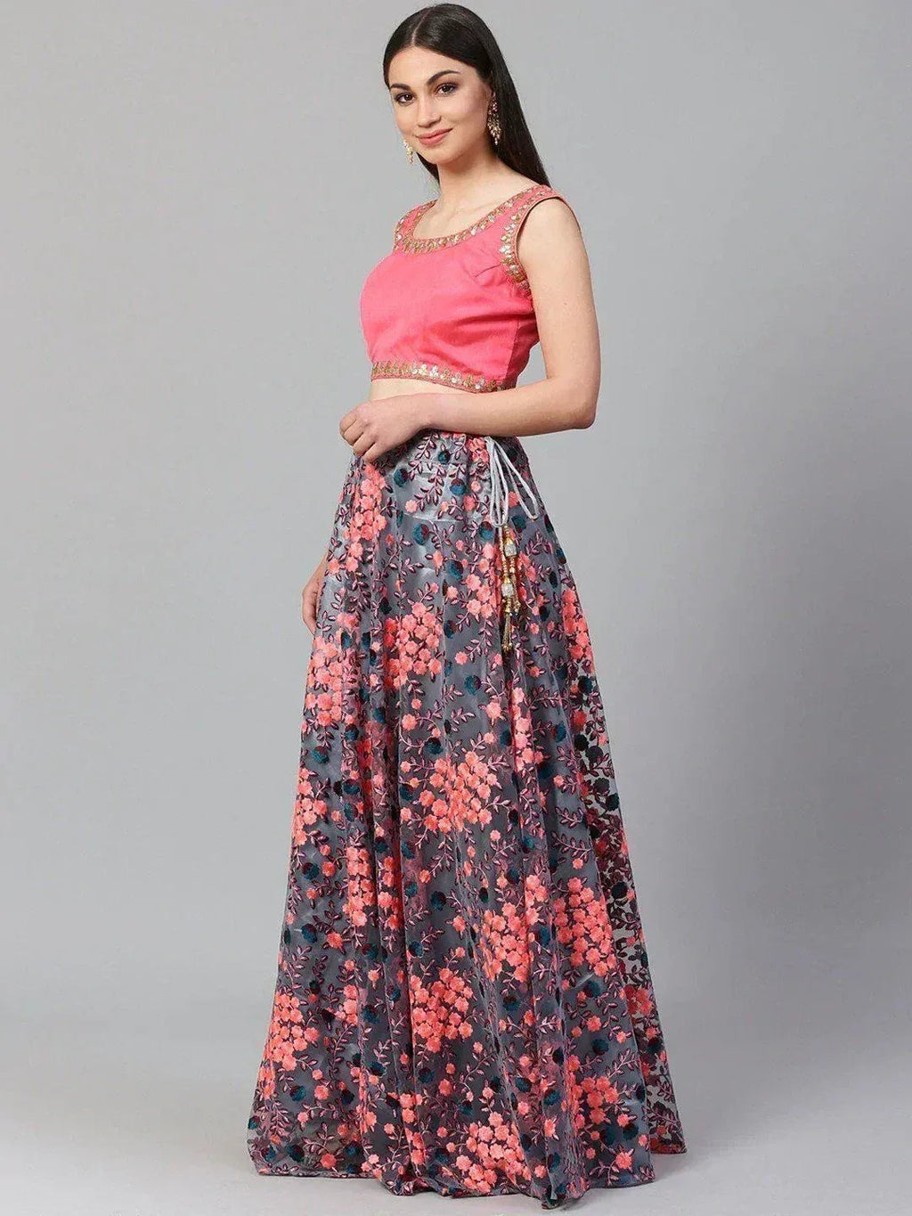 Tulsi Art Grey Semi-Stitched Myntra Lehenga & Unstitched Blouse With Dupatta | Grocsy
