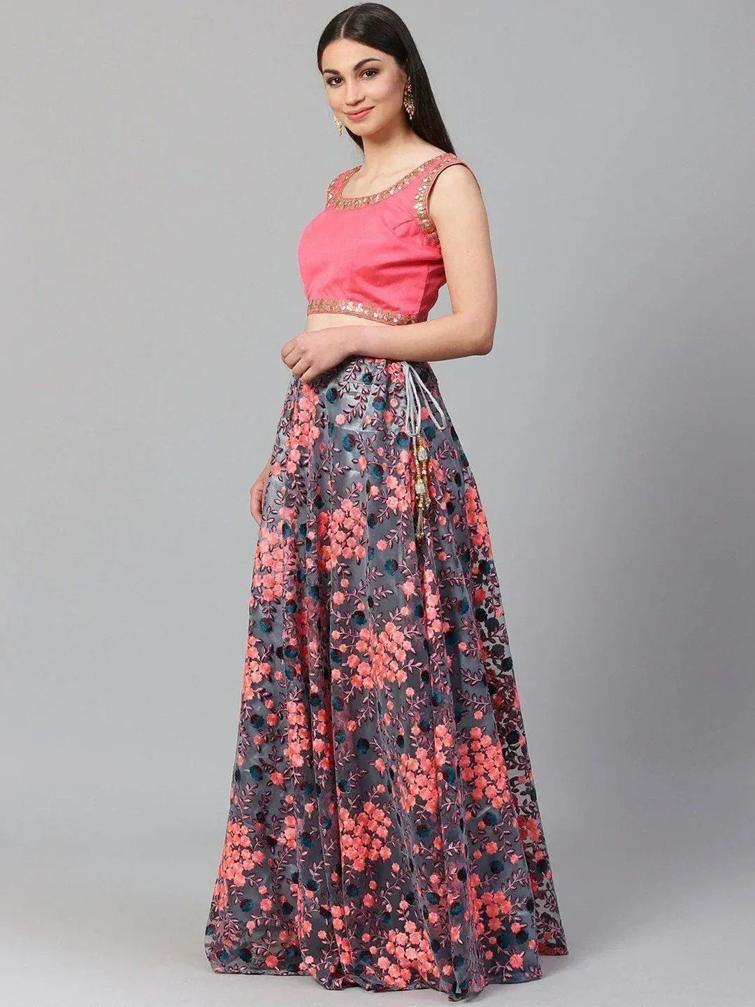 Tulsi Art Grey Semi-Stitched Myntra Lehenga & Unstitched Blouse With Dupatta | Grocsy