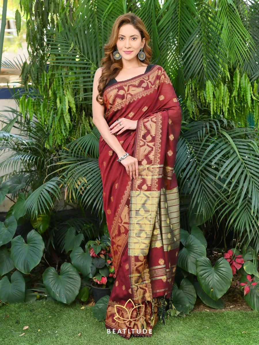 Exclusive Collection Beautiful Brown Pure Cotton Woven Handloom Saree With Running Blouse Piece | Grocsy
