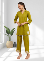 Joban Fashion Green Cotton, Linen Embroidered Readymade Cord Set | Grocsy