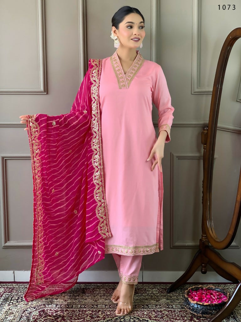 Partywear Designer Viscose Silk Blend Pink Stitched Suit With Dupatta - Tanisha | Grocsy