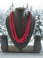 Inhanns Vibrant Handmade 20 Layers Beaded Necklace With Matching Earrings - Black & Red | Grocsy