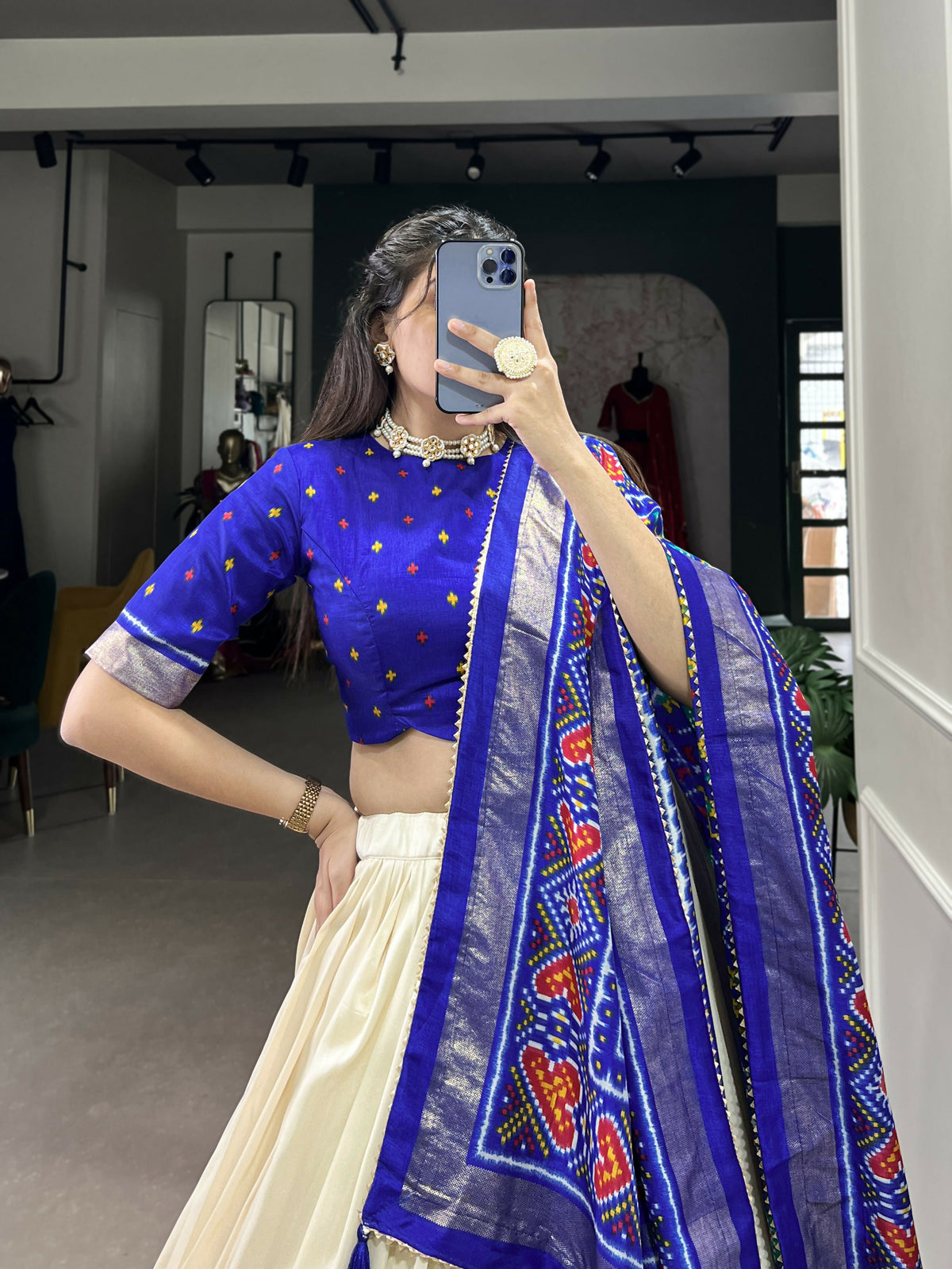 Lorenvalley Offwhite and Royalblue Tussar Silk Patola Print Lehenga Choli | Grocsy