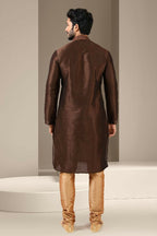 Raivat Ethnic Banarasi Art Silk Mirror Work Kurta Pajama In Brown Colour | Grocsy