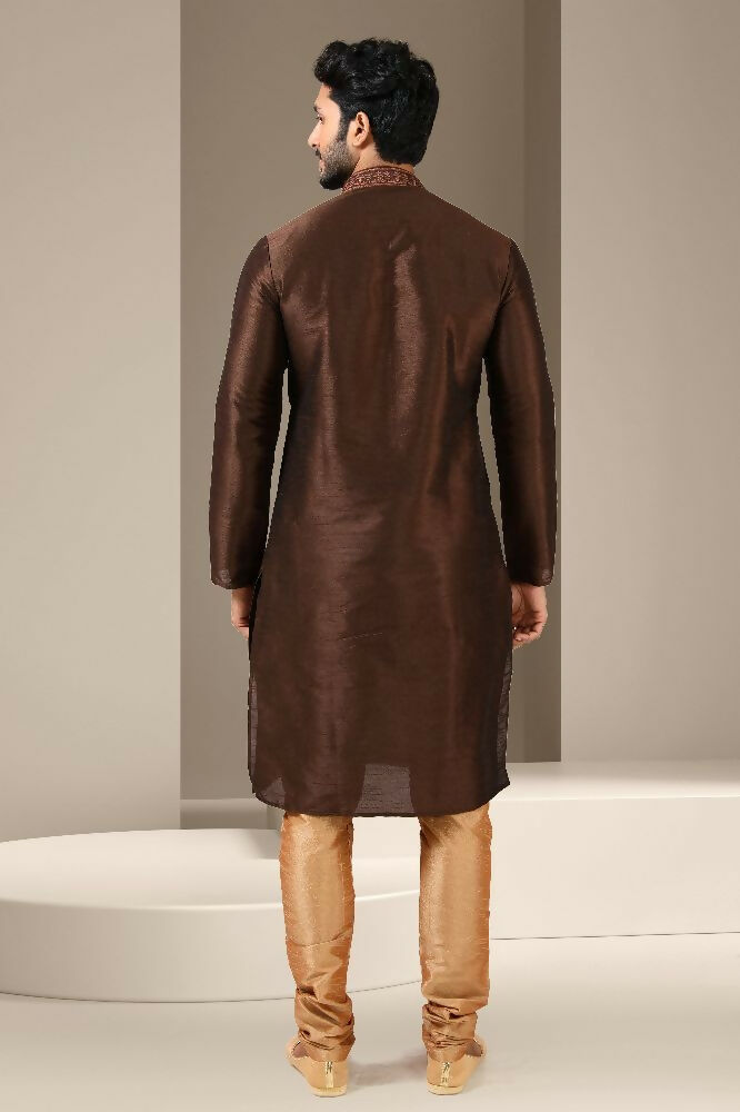 Raivat Ethnic Banarasi Art Silk Mirror Work Kurta Pajama In Brown Colour | Grocsy