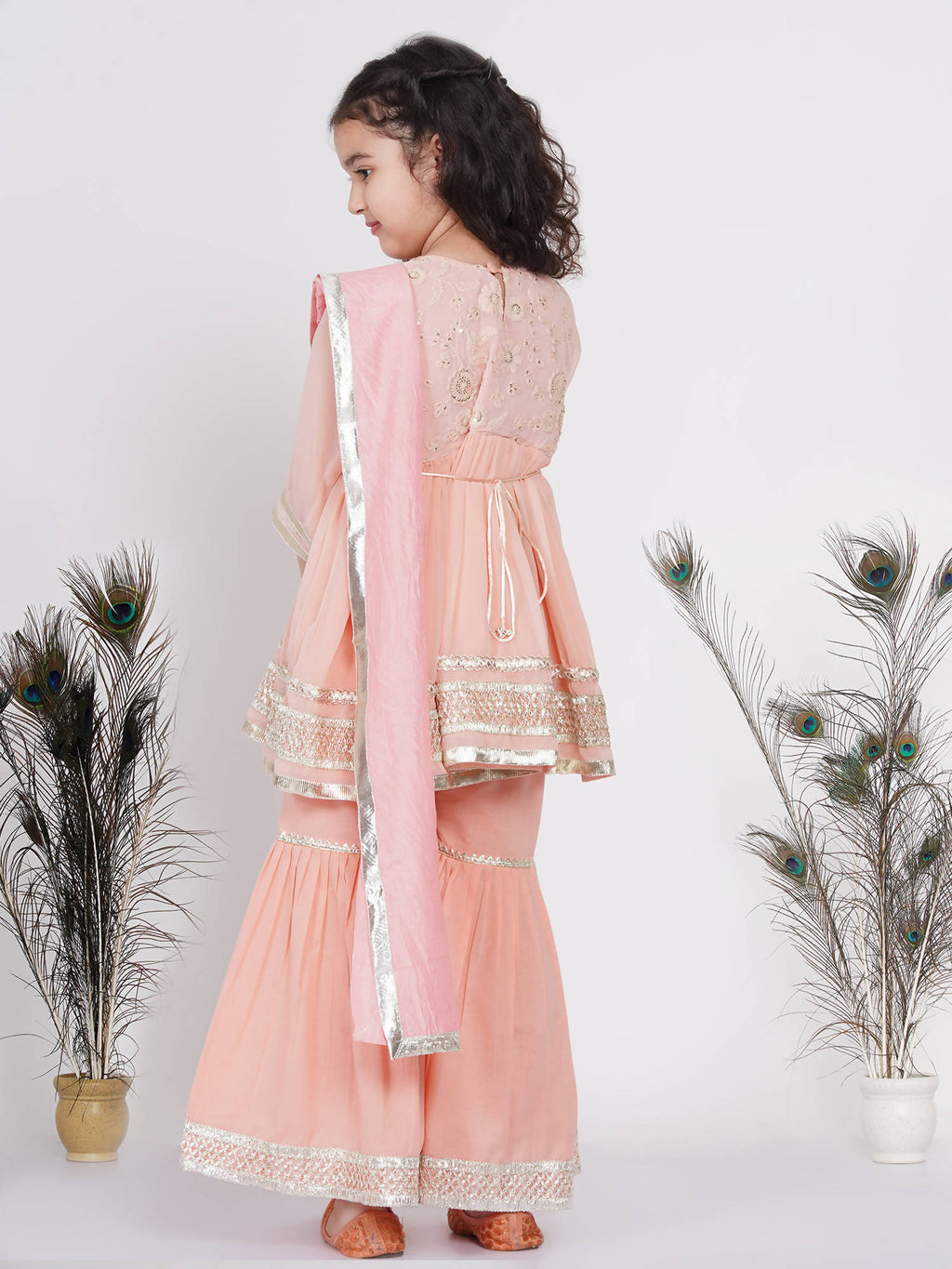 Little Bansi Girls Cotton Gotta Patti Kurta frock with Sharara & Dupatta - Peach | Grocsy