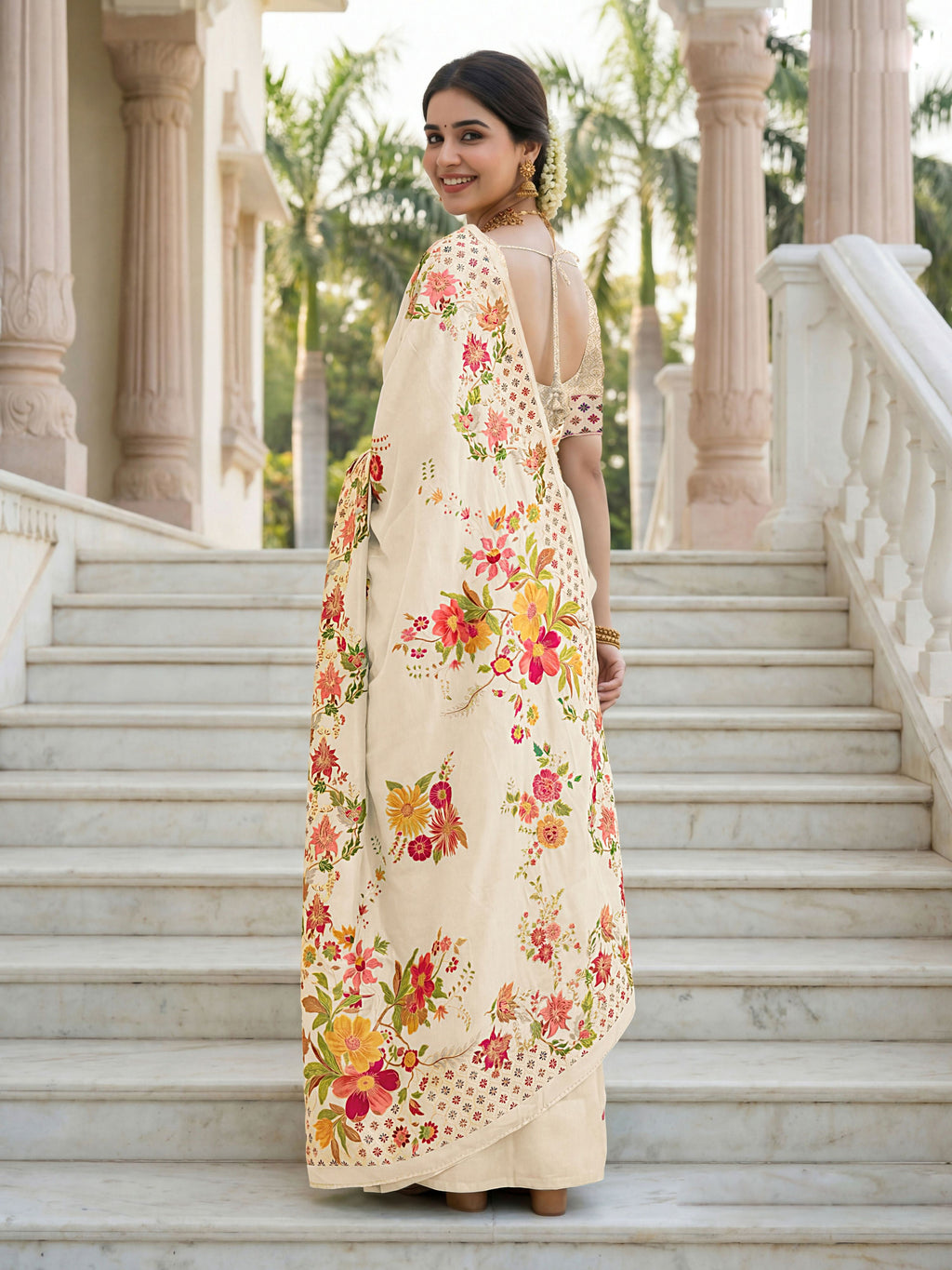 Aastha Fashion Cream Premium Russian Silk Designer Floral Position Print Saree | Grocsy