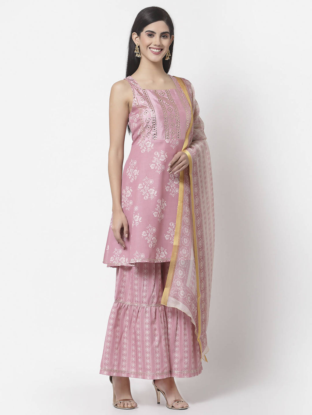 Myshka Women Peach Cotton Blend Printed Sleeveless Shoulder Straps Kurta With Sharara & Dupatta Set | Grocsy