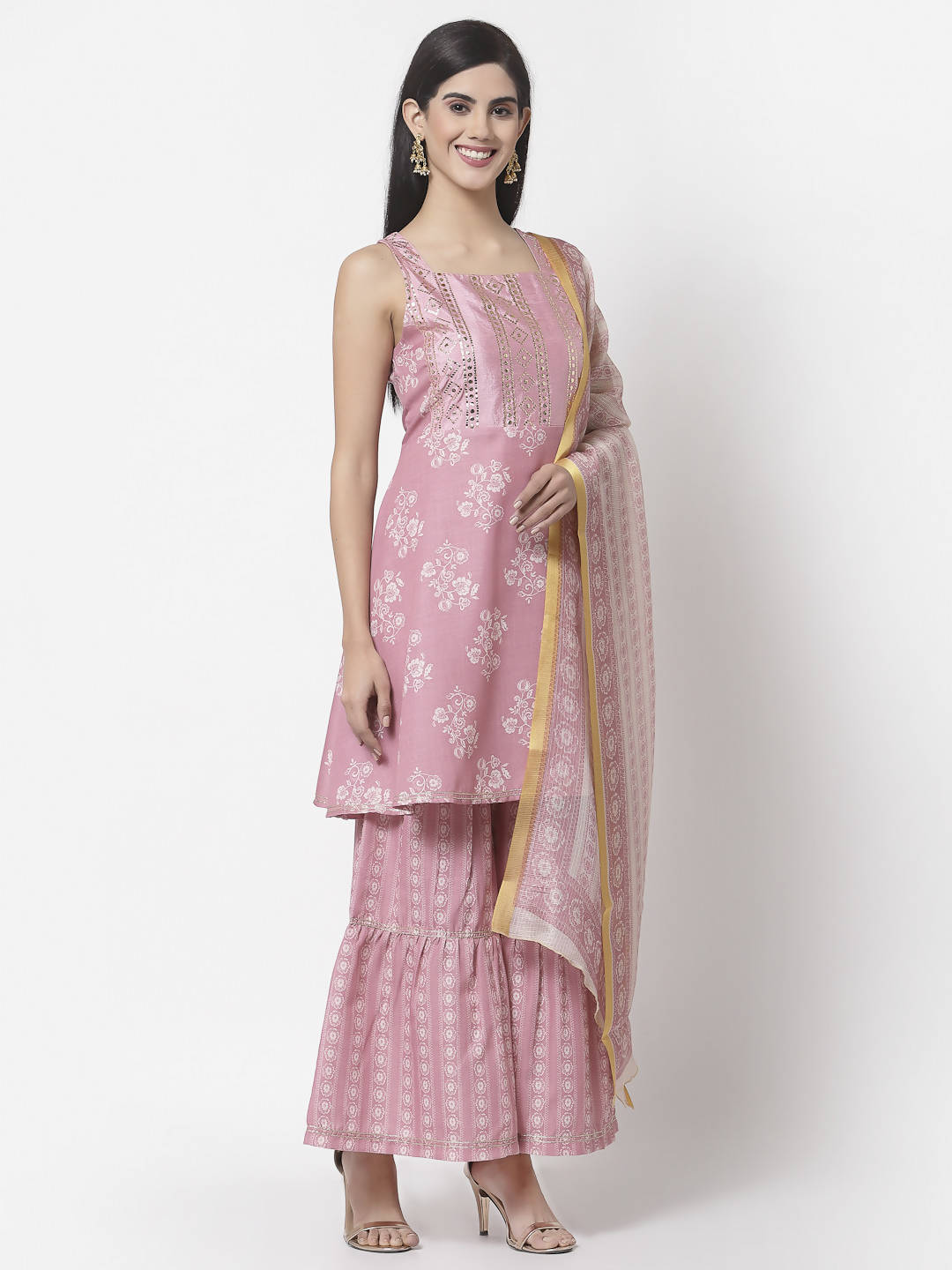 Myshka Women Peach Cotton Blend Printed Sleeveless Shoulder Straps Kurta With Sharara & Dupatta Set | Grocsy