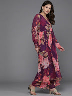 Ahalyaa Women Floral Printed Angrakha Kurta with Palazzos - Burgundy Color | Grocsy