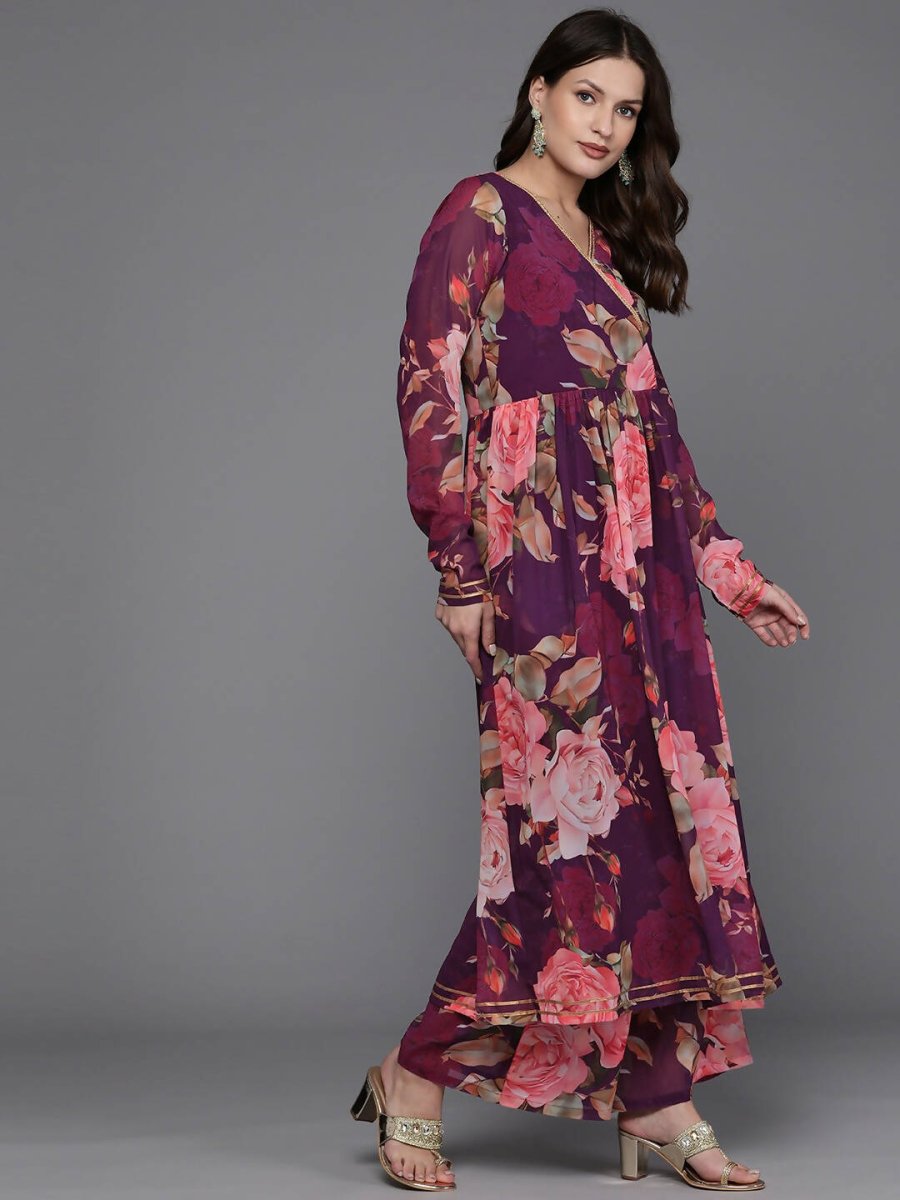Ahalyaa Women Floral Printed Angrakha Kurta with Palazzos - Burgundy Color | Grocsy