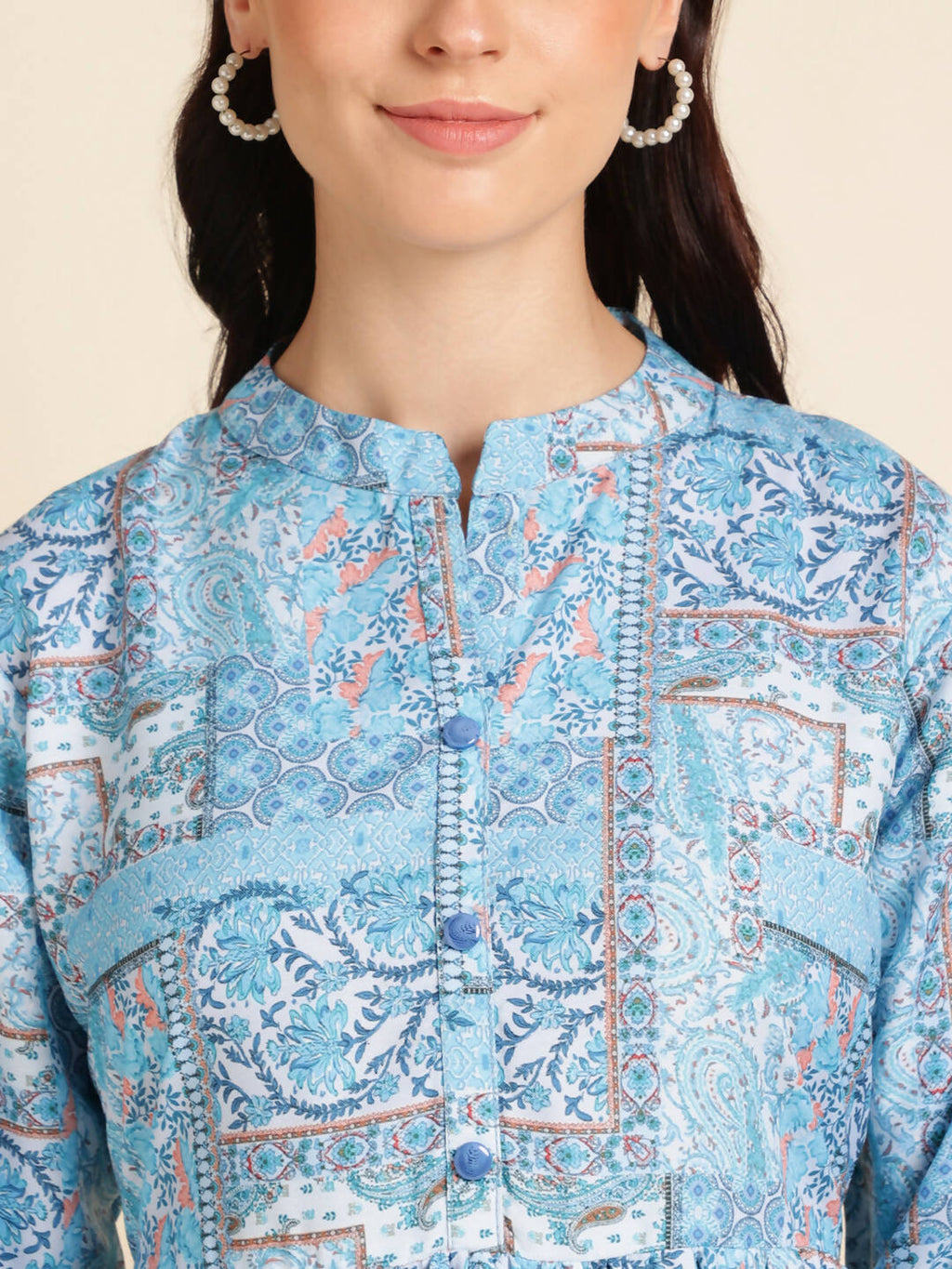 Light Blue Poly Rayon Digital Printed A-line Top - Tarini | Grocsy