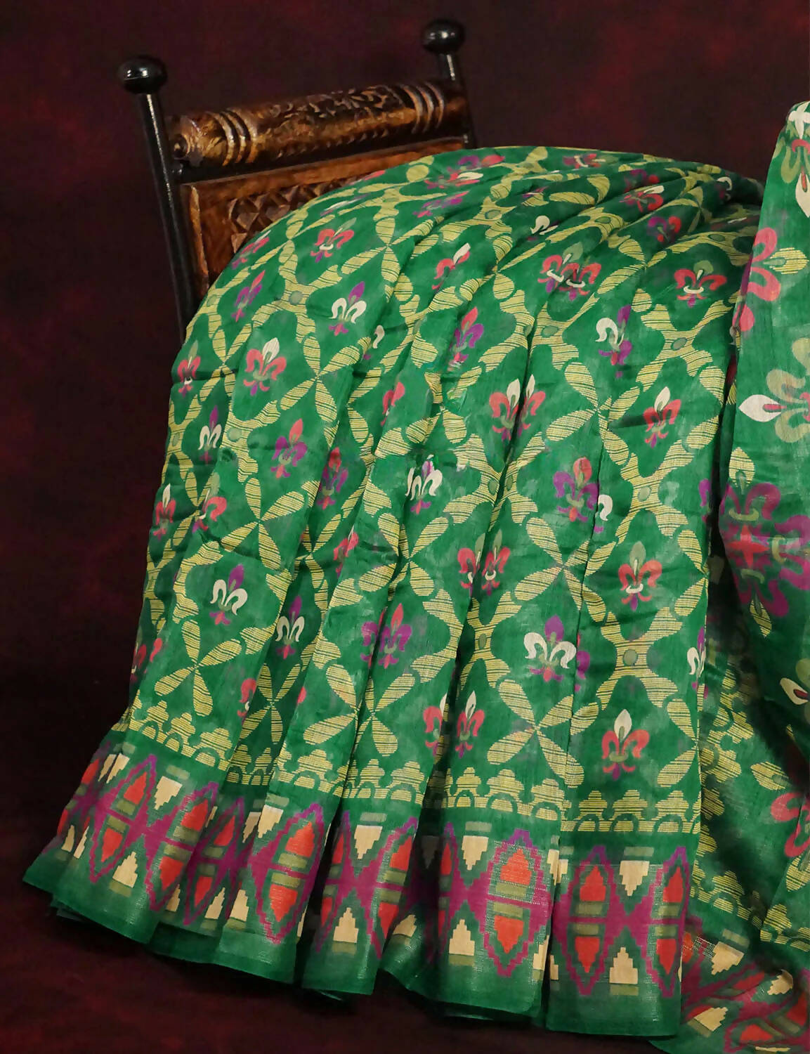 Dark Leaf Colored All Over Printed Semi Chanderi Saree By Gayathri Reddy Designer Studio | Grocsy