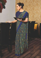 Joban Fashion Blue Crepe Silk with Traditional Print Saree | Grocsy