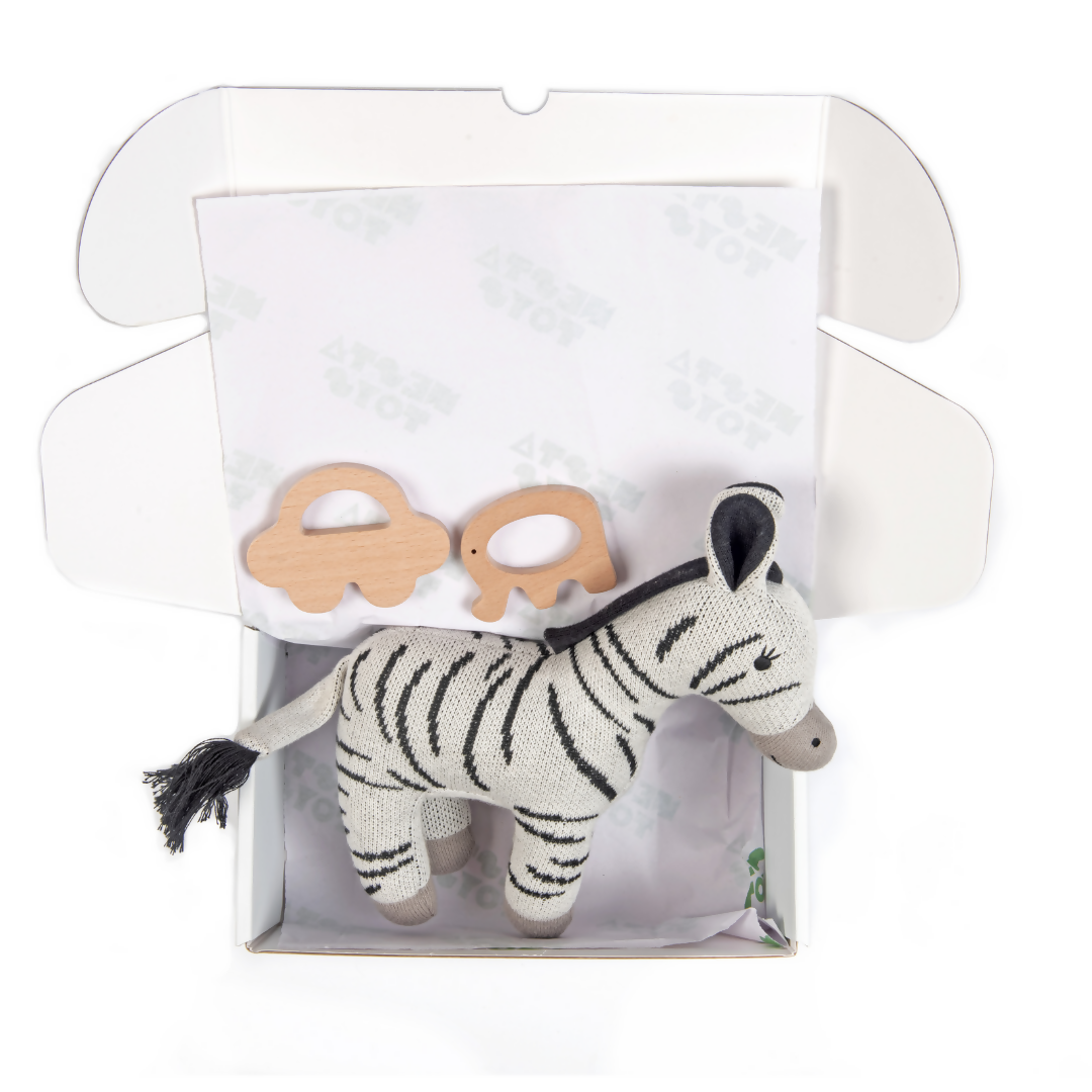 Nesta Toys Newborn Gift Set - Zebra Plush Toy, Wooden Elephant & Car Teether | Grocsy