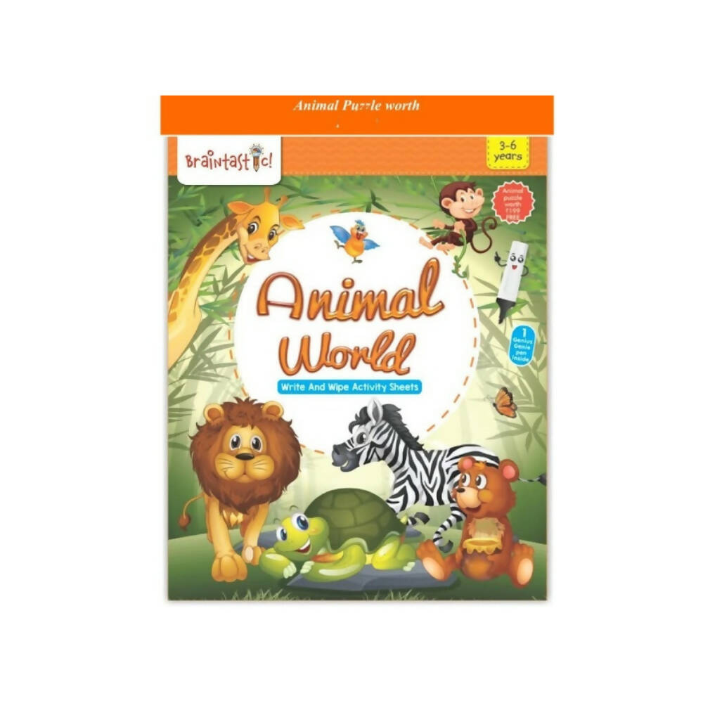 Braintastic Educational Game (3-6 yrs):Animal World / Kids Toys/Write & Wipe Activity Sheets/ Free 12 pc Puzzles | Grocsy