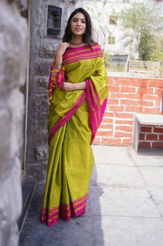 Very Much Indian Handloom Cotton Viscose Ilkal Saree - Bright Green | Grocsy