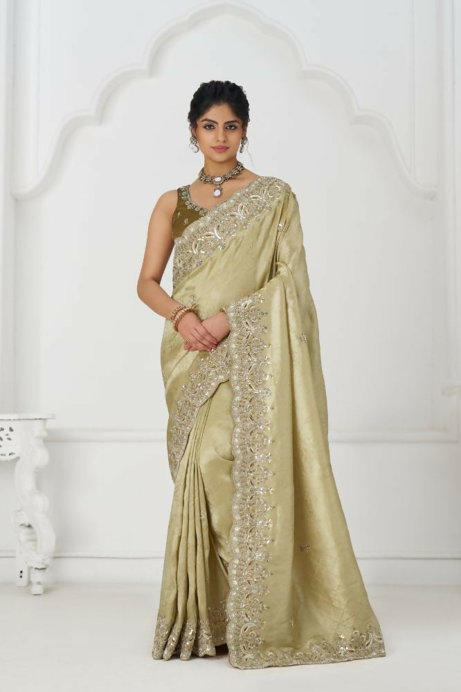 Kesar Fab Latest Chiku/ Champagne Pure Dola Viscouse Silk With Sequins And Beads Embroidery For Festivals Saree | Grocsy