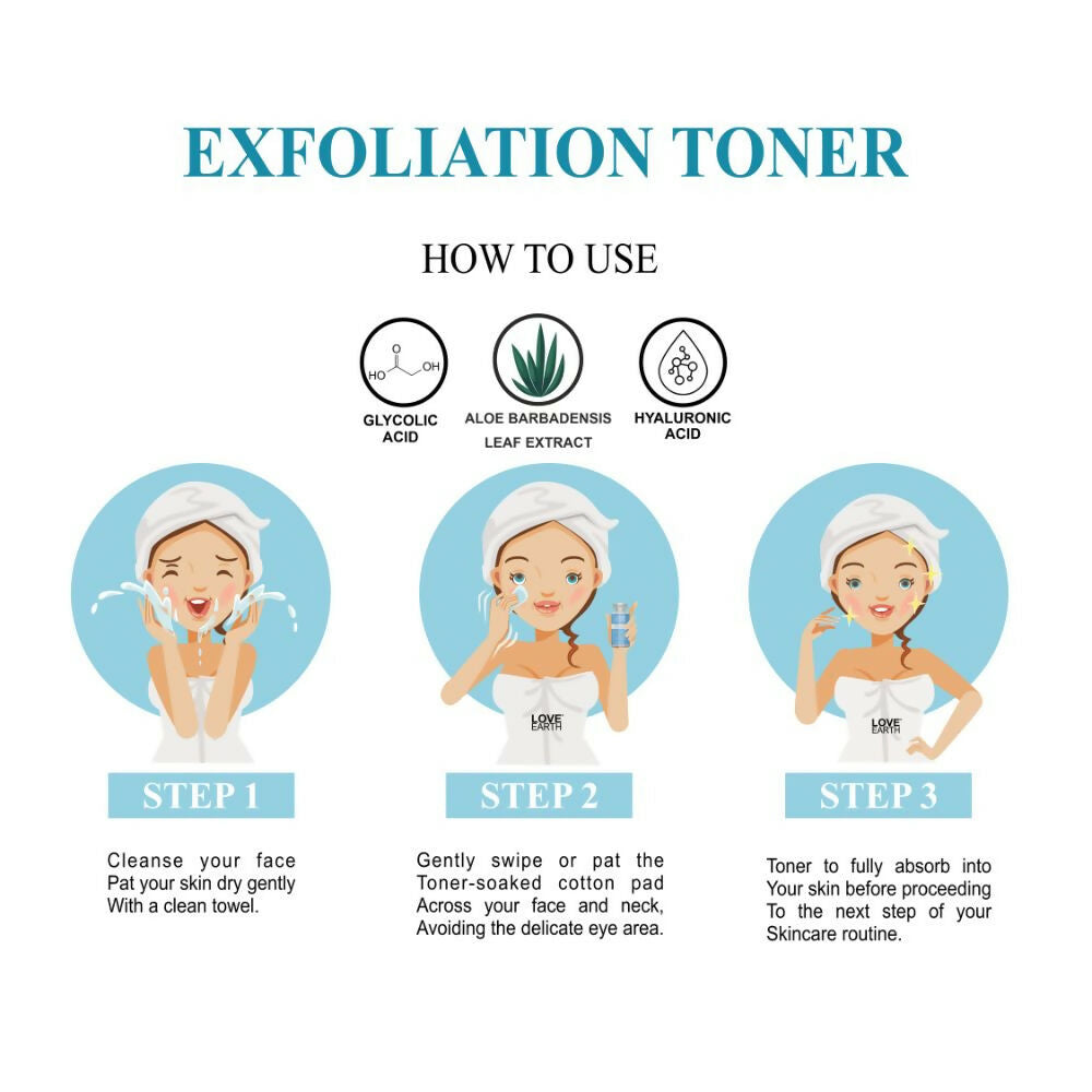 Love Earth Exfoliation Toner Infused With Glycolic Acid, Mandelic Acid, Lactic Acid, Hyaluronic Acid | Grocsy