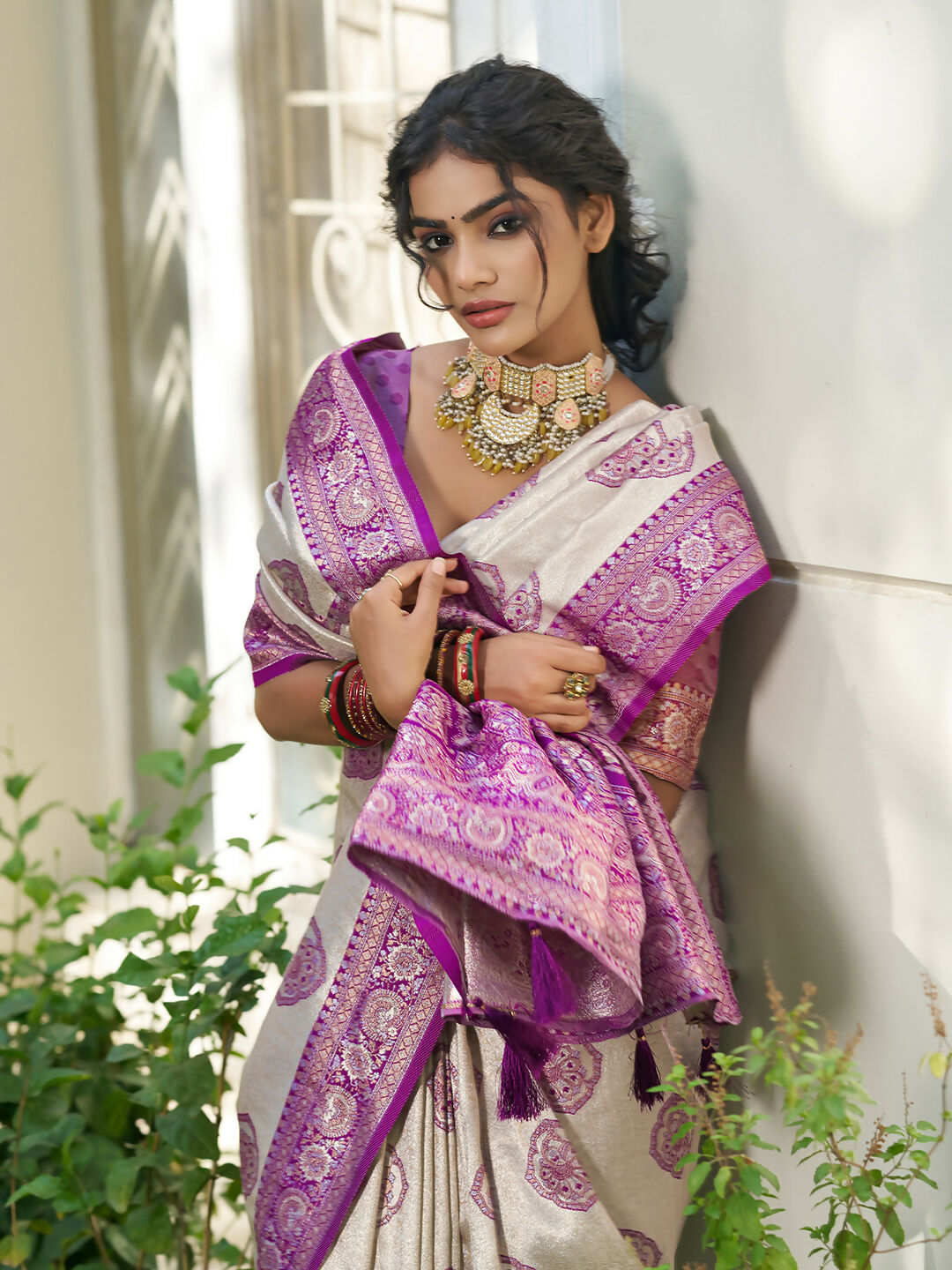 Shree Shyam Fashion Cream With Purple Silk Blend Saree | Grocsy