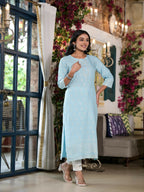Juniper Women's Powder Blue Ethnic Motif Printed Rayon Kurta With Buttons | Grocsy