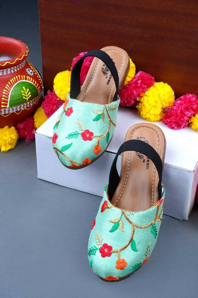 Tiny Bugs Girls Embroidered Strap Ethnic Jutis-Green | Grocsy
