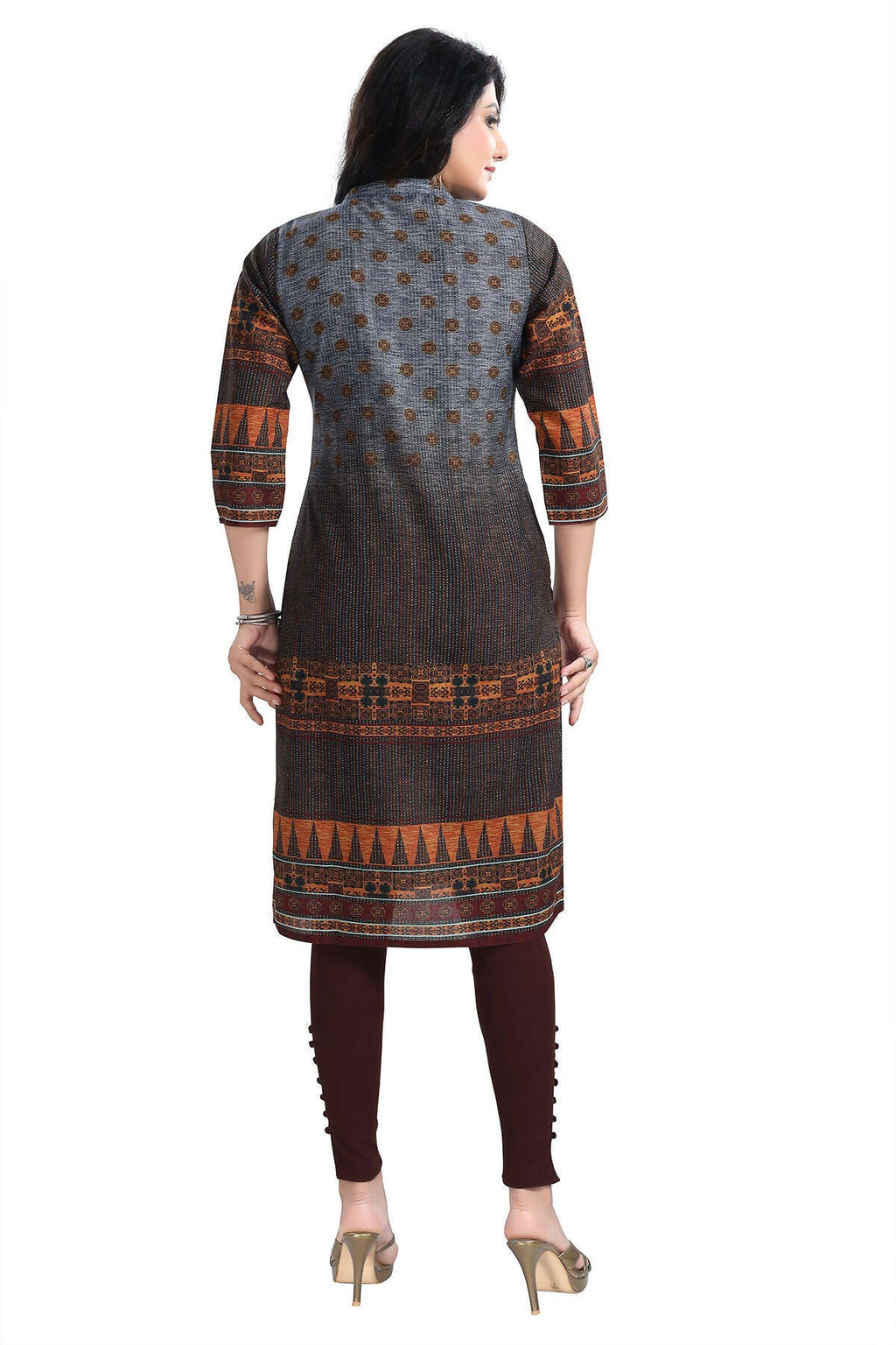 Snehal Creations Beautiful Brown Designer Print Cotton Slub Long Kurti Tunic | Grocsy