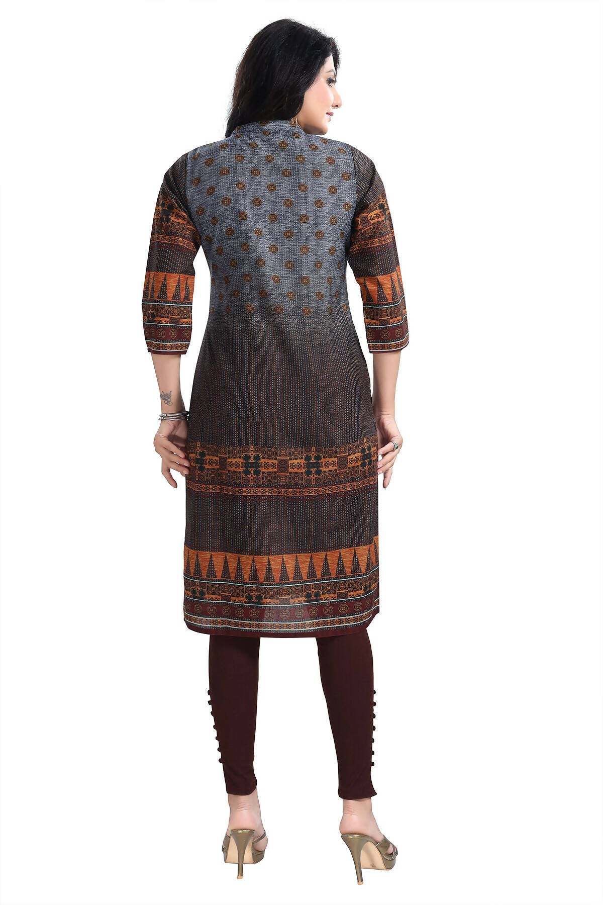 Snehal Creations Beautiful Brown Designer Print Cotton Slub Long Kurti Tunic | Grocsy