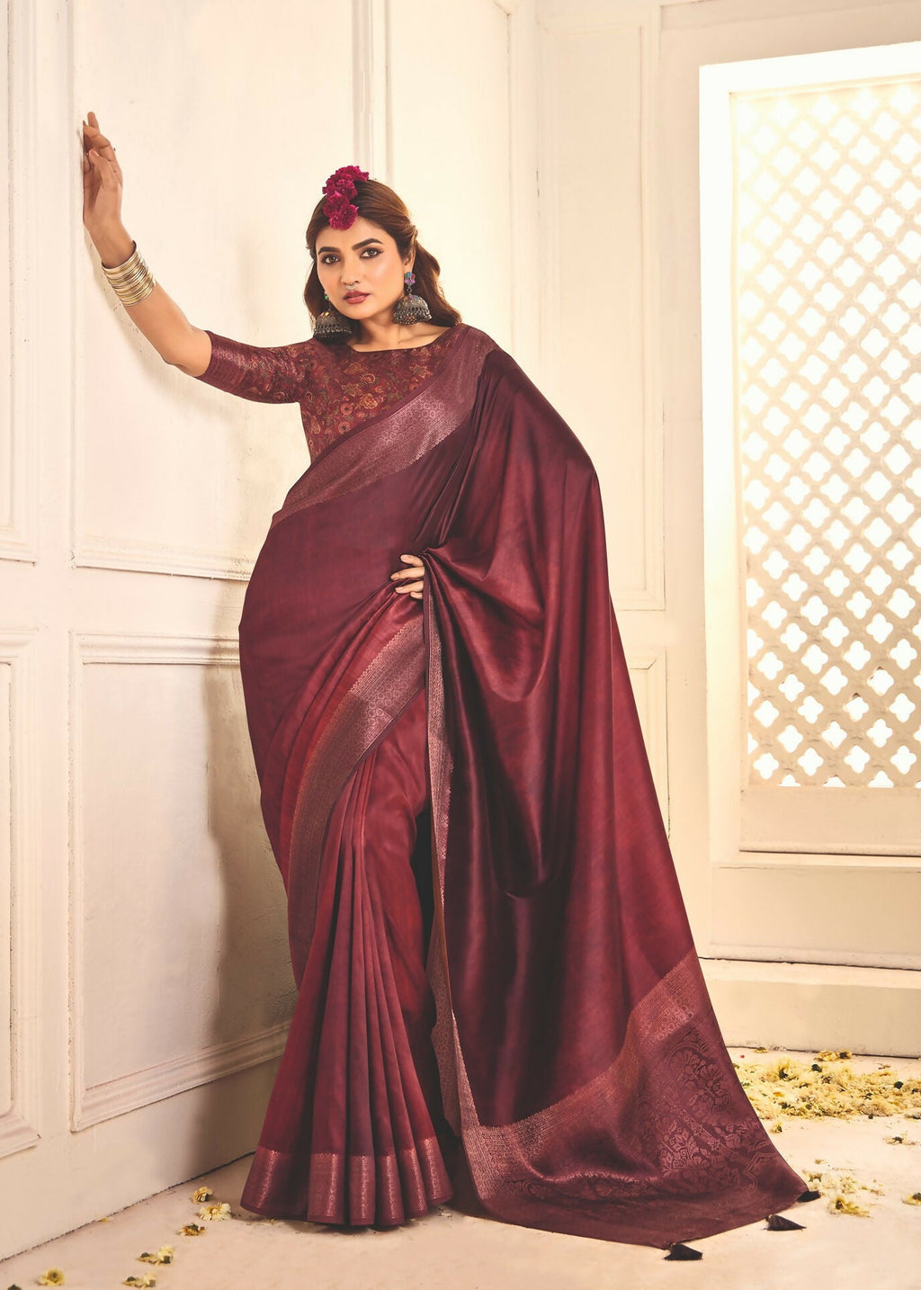 Joban Fashion Satin Silk With Zari Border Maroon Colored Designer Pallu Saree | Grocsy