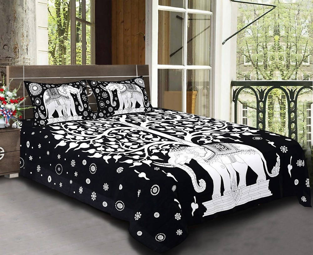 Vamika Printed Cotton Black Bedsheet With Pillow Covers (LEOC_SKHTY_BL) | Grocsy
