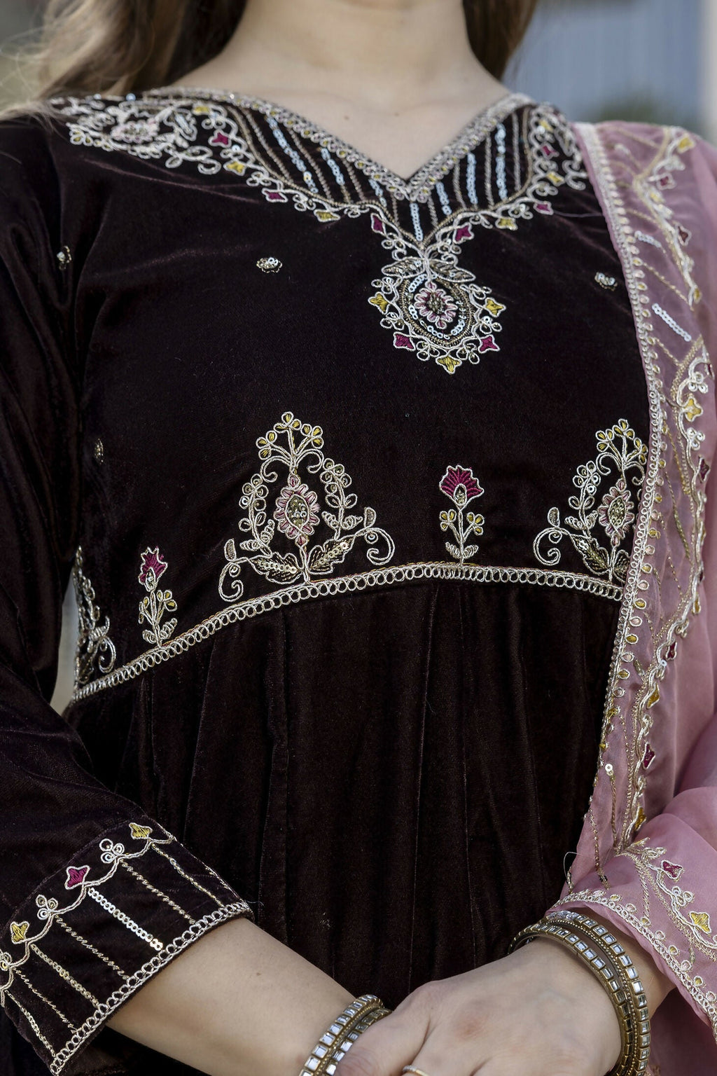 The52 Women's Beautiful Velvet Fabric Embroidery Work Flared Anarkali Pant and Dupatta Set | Grocsy