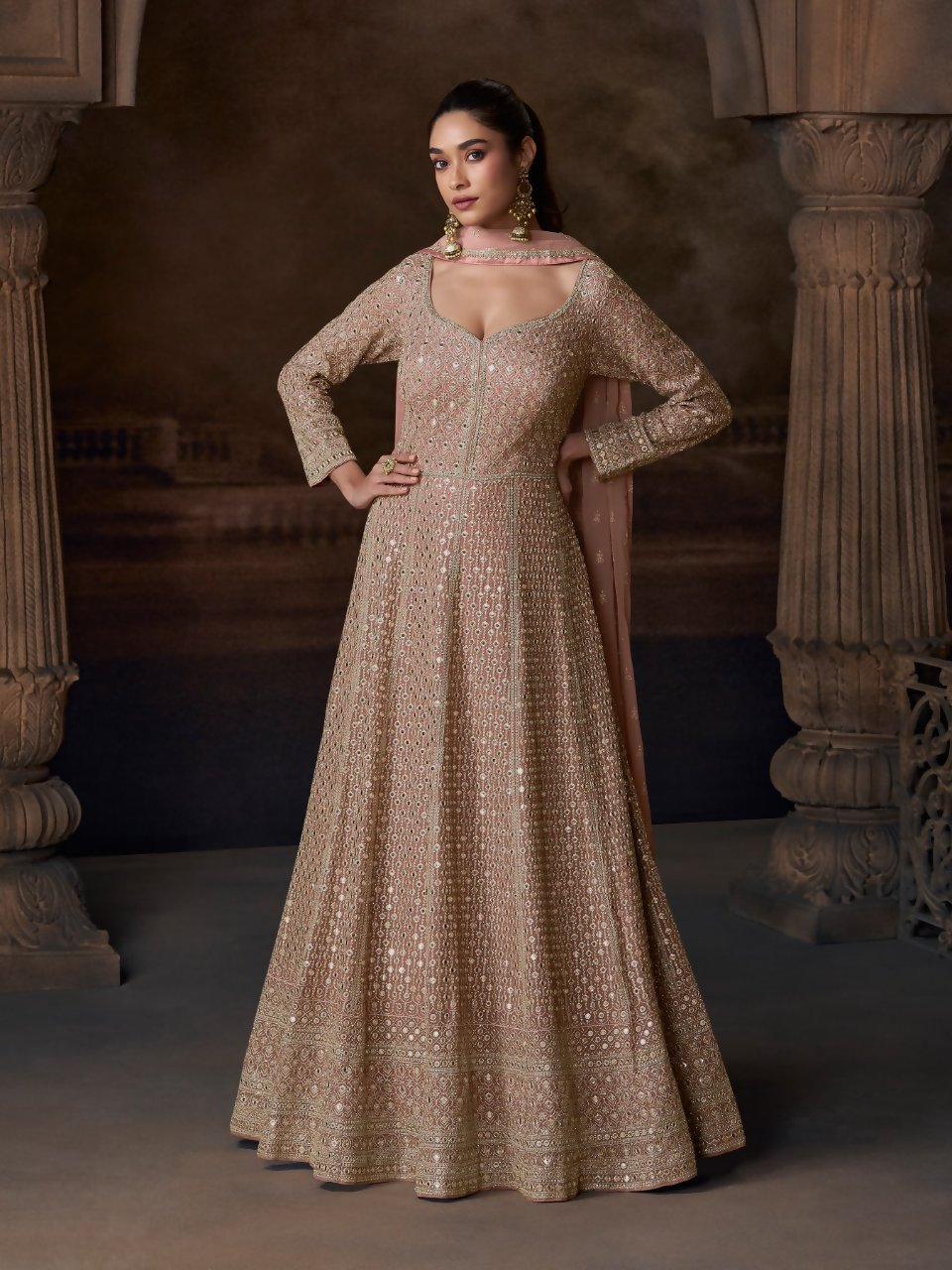 Anaita Beige Real Georgette Stitched Anarkali Suit with Embroidery & Sequence Work | Grocsy