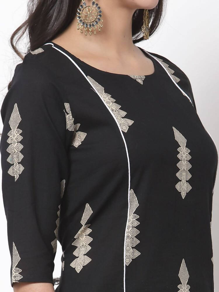 Myshka Women's Black Cotton Blend Printed 3/4 Sleeve Round Neck Casual Kurta & Palazzo Set | Grocsy