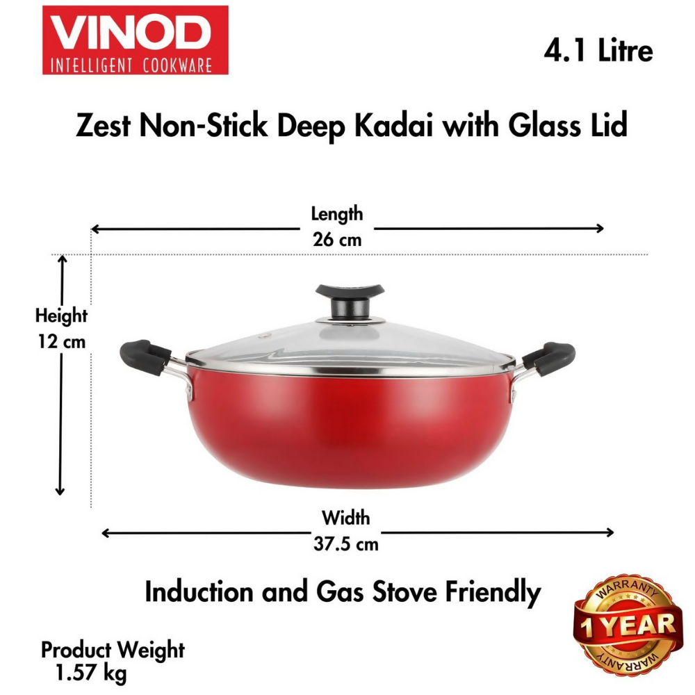 Vinod Zest Deep Kadhai with Glass Lid | Grocsy