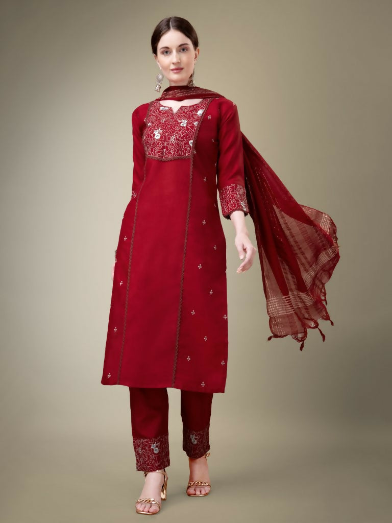 Jyoti Fashion Women's Maroon Cotton Blend Embroidery & Fancy Lace work Kurta with Trouser & Dupatta | Grocsy