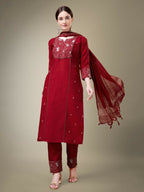 Jyoti Fashion Women's Maroon Cotton Blend Embroidery & Fancy Lace work Kurta with Trouser & Dupatta | Grocsy