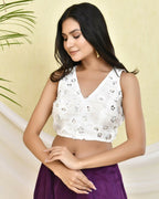 Amodini Designer Studio Floral White Sleeveless Padded Blouse | Grocsy