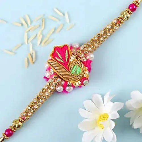 Delightful Pink Zardosi Rakhi & Kaju Katli Box | Grocsy