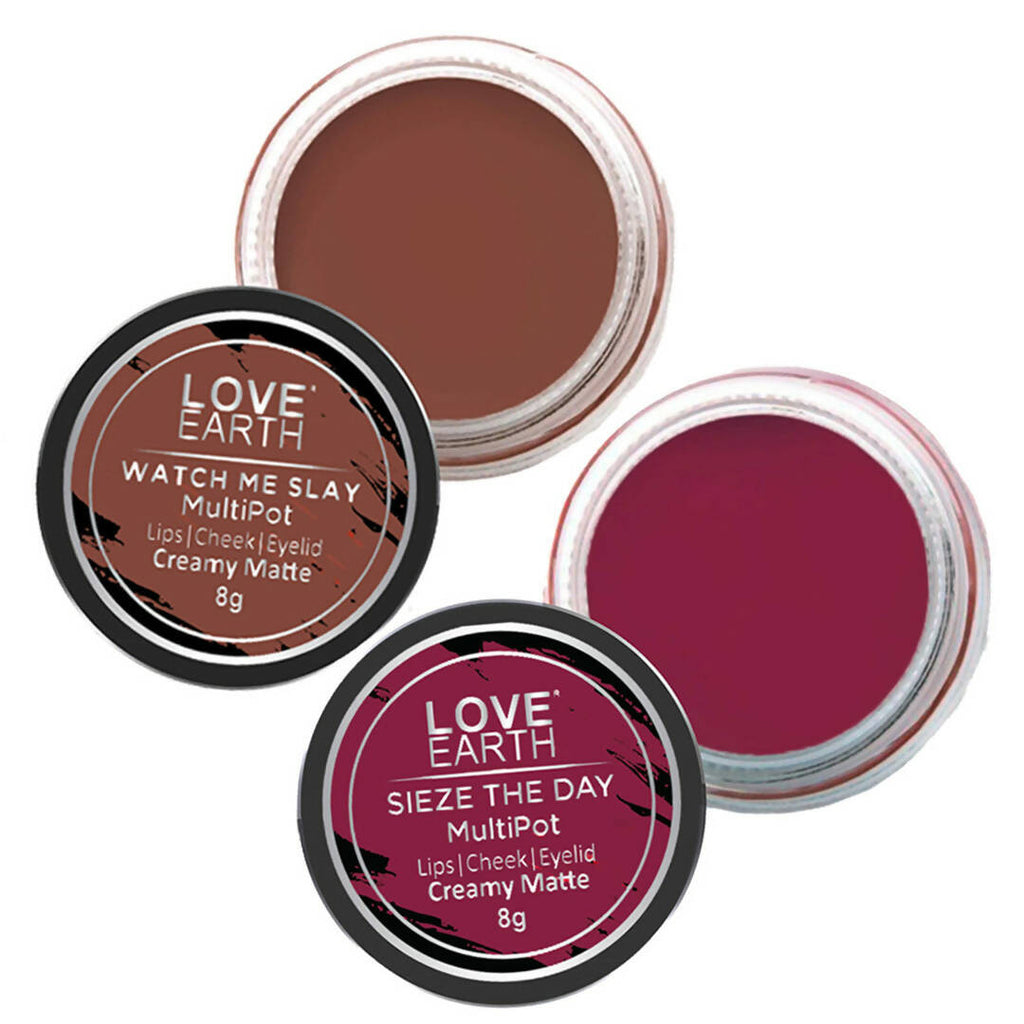 Love Earth Lip Tint & Cheek Tint Multipot Combo Raspberry Pink & Caramel Brown | Grocsy